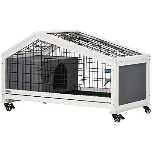 PawHut Rabbit Hutch, Guinea Pig Cage, Small Animal House Bunny Run w/Water Bottle, Wheels